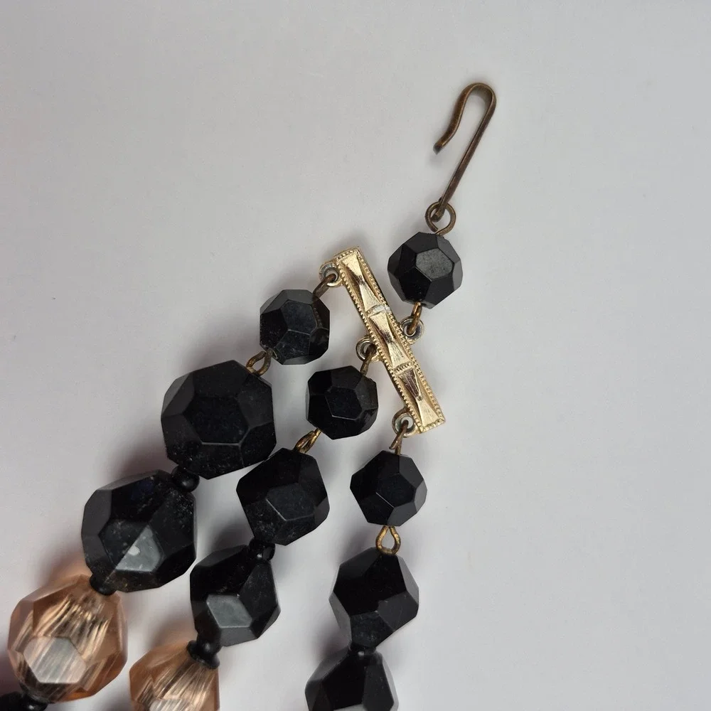 VTG West Germany‎ Art Glass 3 Strand Beaded Necklace Black Beige Choker 18